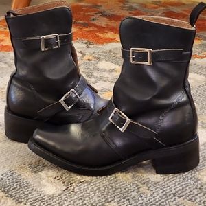Harley Davidson, Black Leather, Moto Buckled Riding Boots, Made In Italy, W 7.5